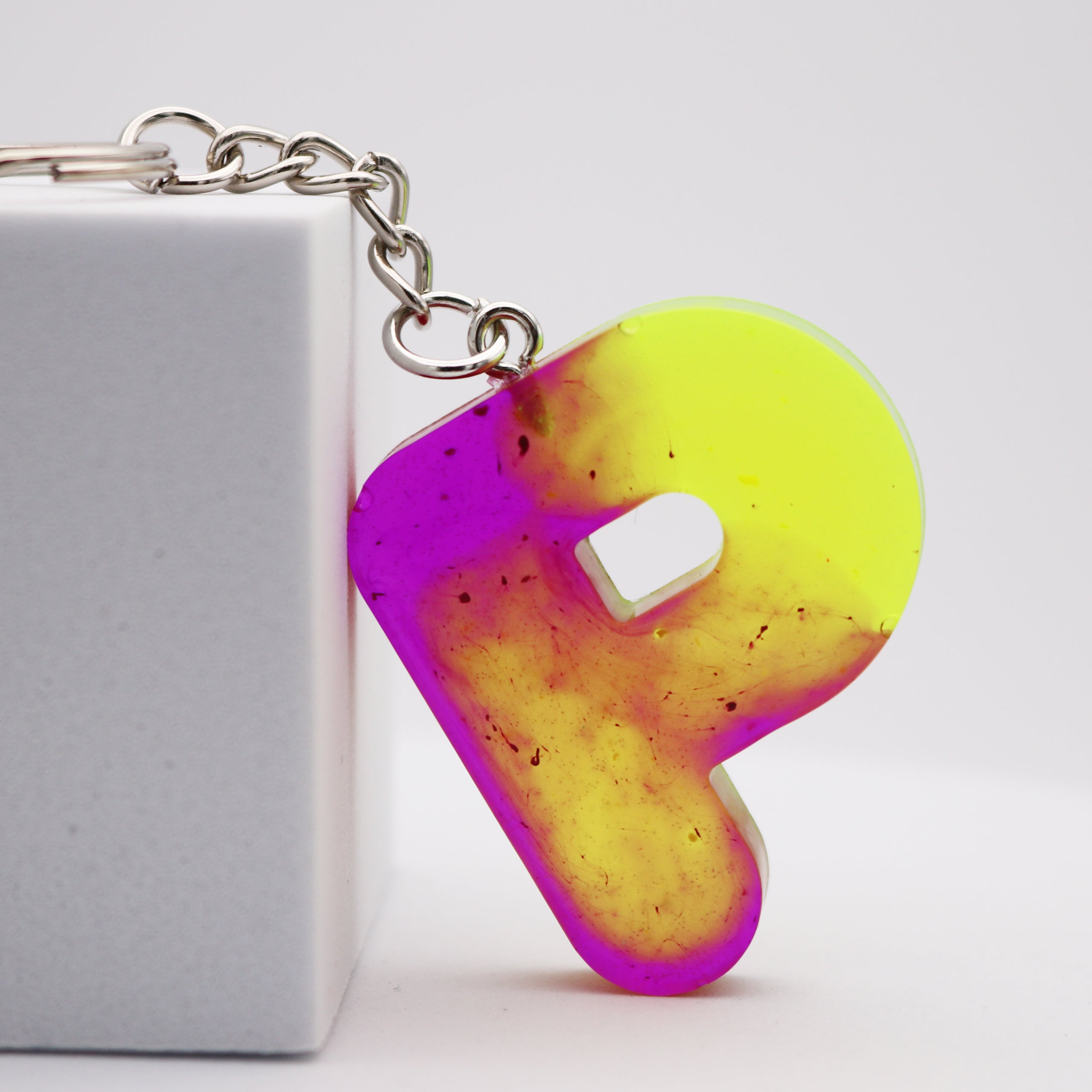 Letter P Keychain Handmade Custom Letter Initial Resin Pendant Charm Personalized Colorful Fun Assorted Colors Rainbow Shine